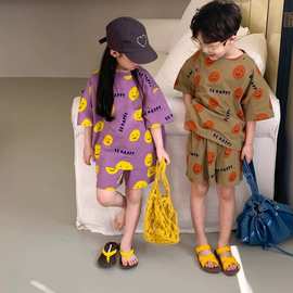 韩版儿童套装夏款短袖短裤男女宝宝卡通笑脸两件套运动薄中小童