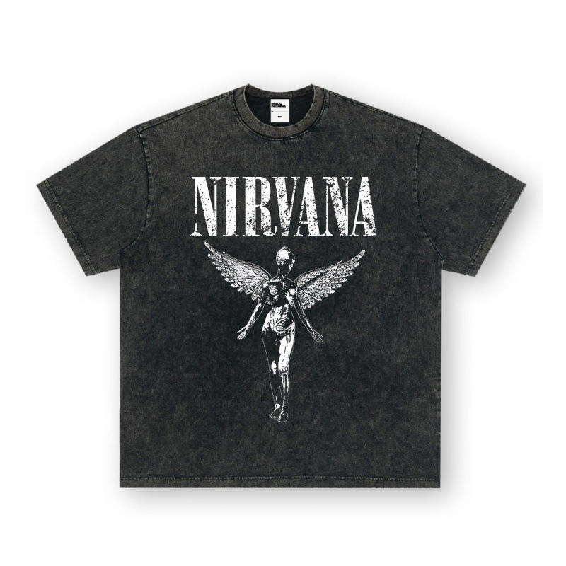 NIRVANA ロックアメリカン 3D デジタルプリントレトロ半袖 T シャツクロスボーダープリントアメリカンファッションヴィンテージ模造綿|undefined