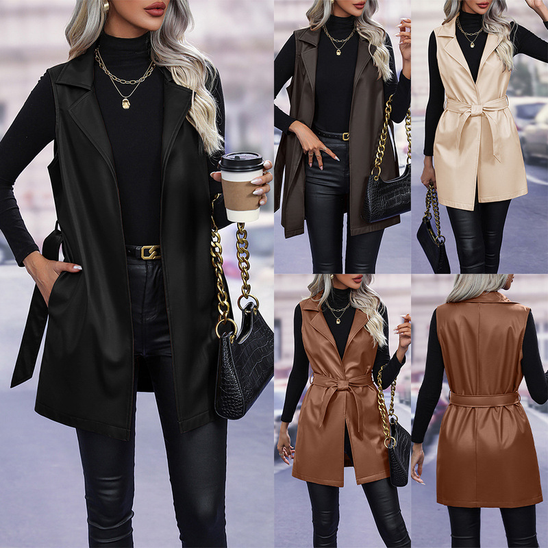 Amazon cross-border PU leather cardigan lace-up vest coat vest vest jacket for women