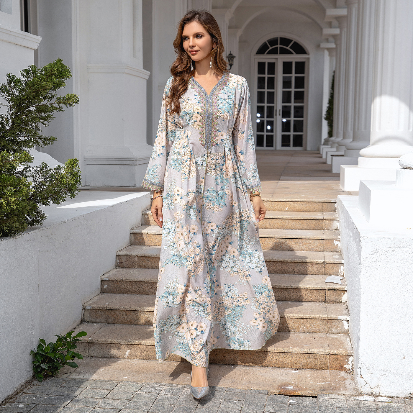 In Stock Cross-border Export Muslim Long Robe Women's Abaya Dubai Loose Evening Dress Printed Large Gown Dress