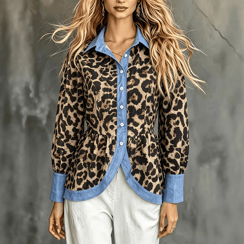 Leopard print patchwork denim collared shirt for women, single-breasted, waist-cinching, ruffled hem, lantern sleeve, long-sleeved top