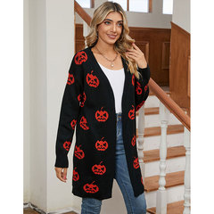 クロスボーダー新作ヨーロッパとアメリカの女性用セーター、Amazonカジュアルハロウィンパンプキンヘッドジャカードロングコートニットカーディガン