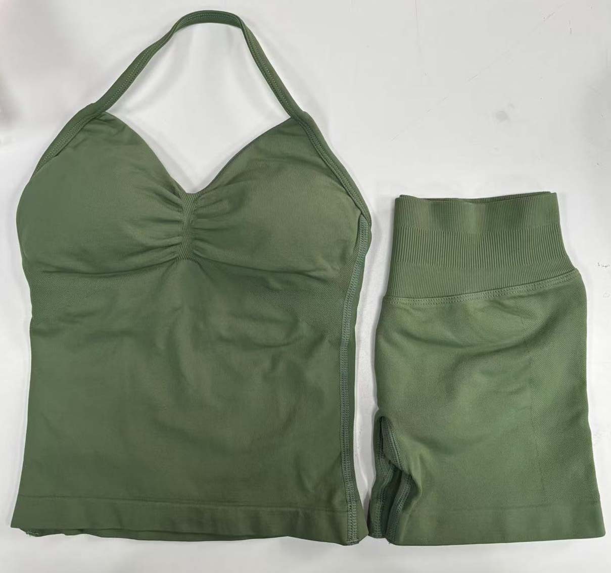 Conjunto DF Amazon pantalones cortos explosivos sujetador pequeño alto elástico superfino nailon halter cuello hermoso chaleco deportivo trasero