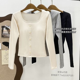Autumn and Winter Square Collar Button Long-sleeved Base Shirt Wear-free Bra Push-up Fixed Cup Inner Wearing Outer Wearing T-shirt Top for Women