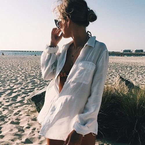 跨境女装天丝竹节衬衣沙滩度假外套比基尼罩衫女泳衣防晒衣开衫沙