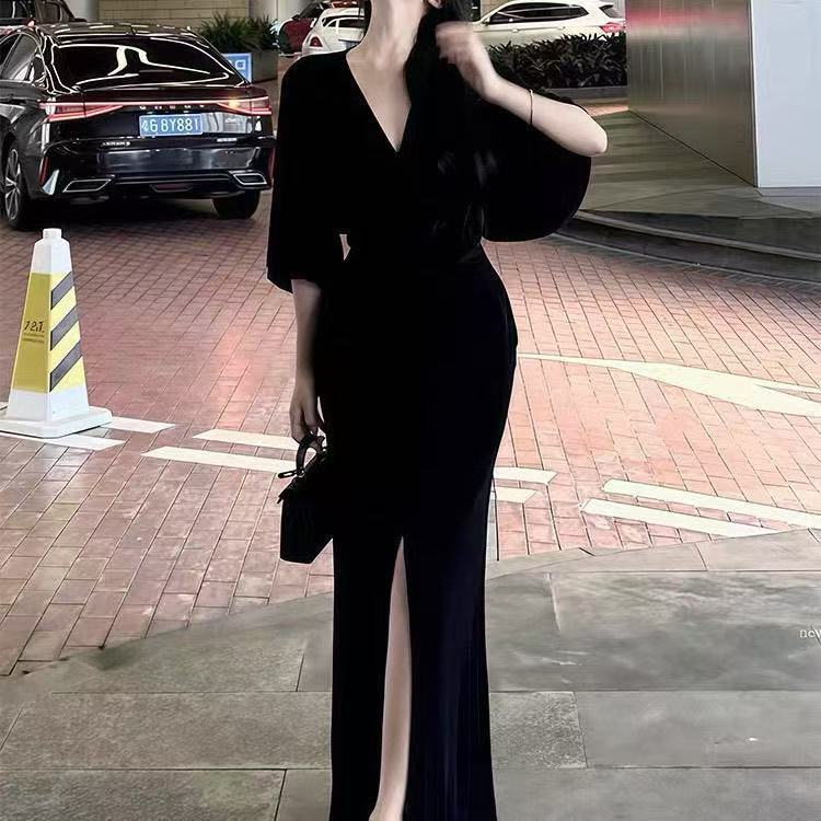 纯欲辣妹V领蓬蓬袖开叉连衣裙女2025秋季新款修身显瘦感包臀长裙|undefined