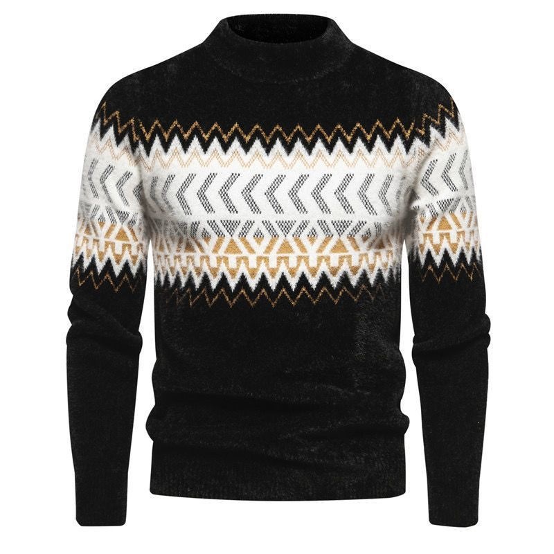 Men's Autumn/Winter Fine Fleece Knit Sweater, Thick and Warm Jacquard High Neck Stylish Pullover [Men's Sweater]