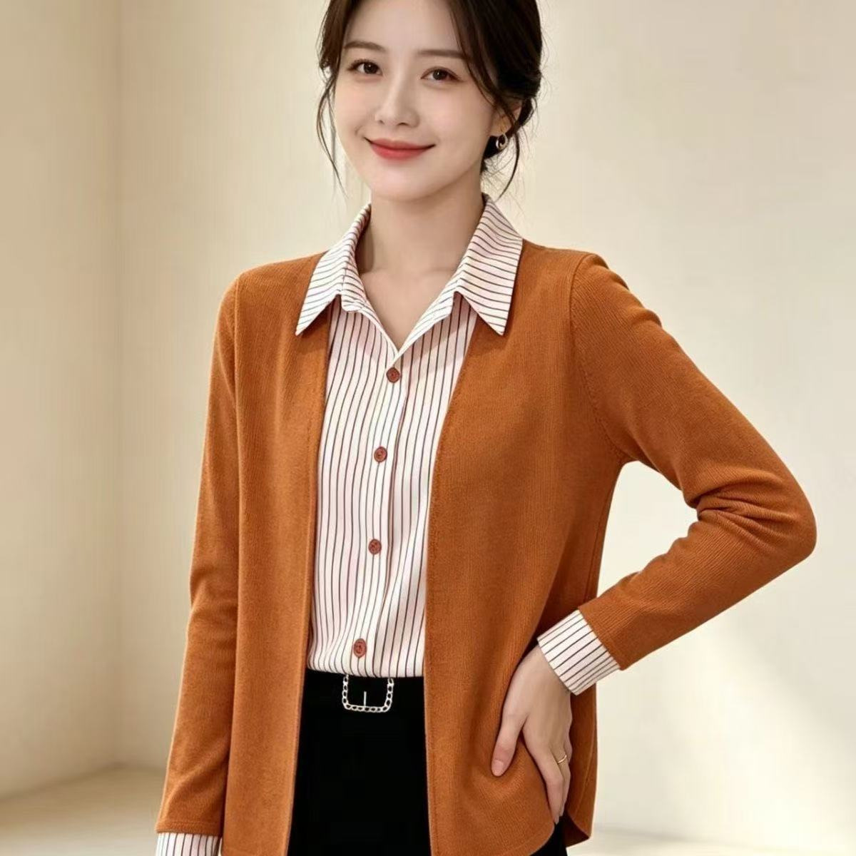 【一件代发】女时尚针织假两件衬衣时髦洋气条纹衬衣外穿秋季新款
