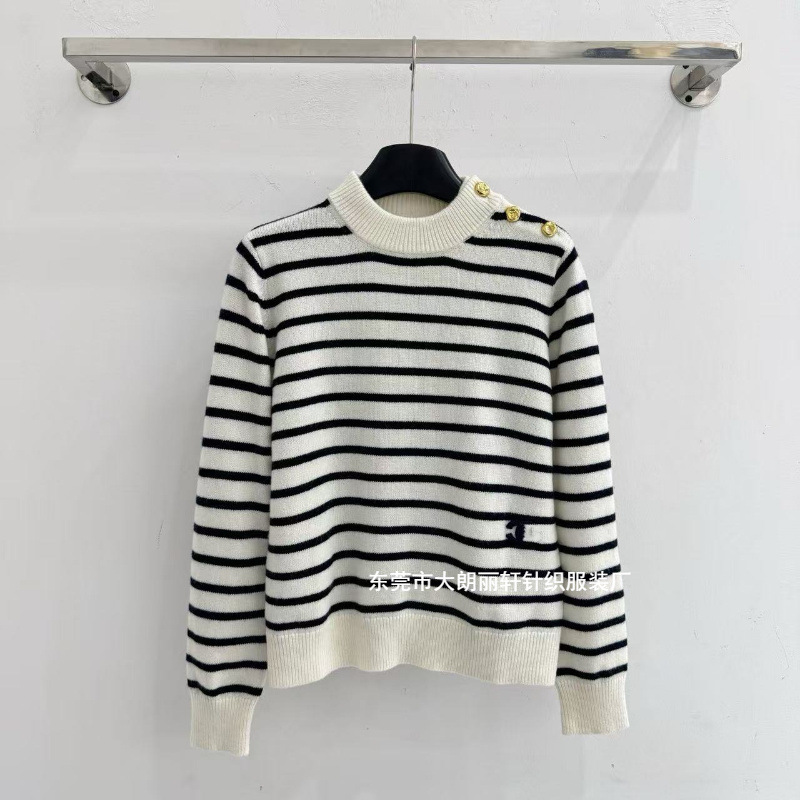 French classic black and white striped half-high collar knitted sweater with gold button embroidery on the shoulders, made of soft wool with long sleeves French classic black and white striped half-high collar knitted sweater with gold button embroidery on the shoulders, made of soft wool with long sleeves