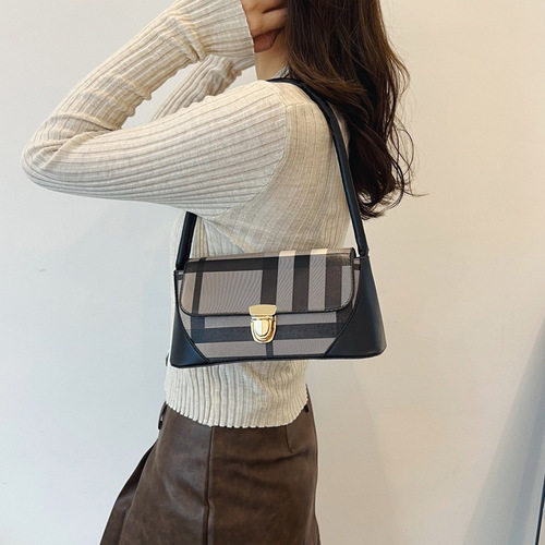 Plaid Contrast Color Bag Women's Fashion Personalized Shoulder Underarm Bag  New Trendy Niche Design Lock Small Shoulder Bag