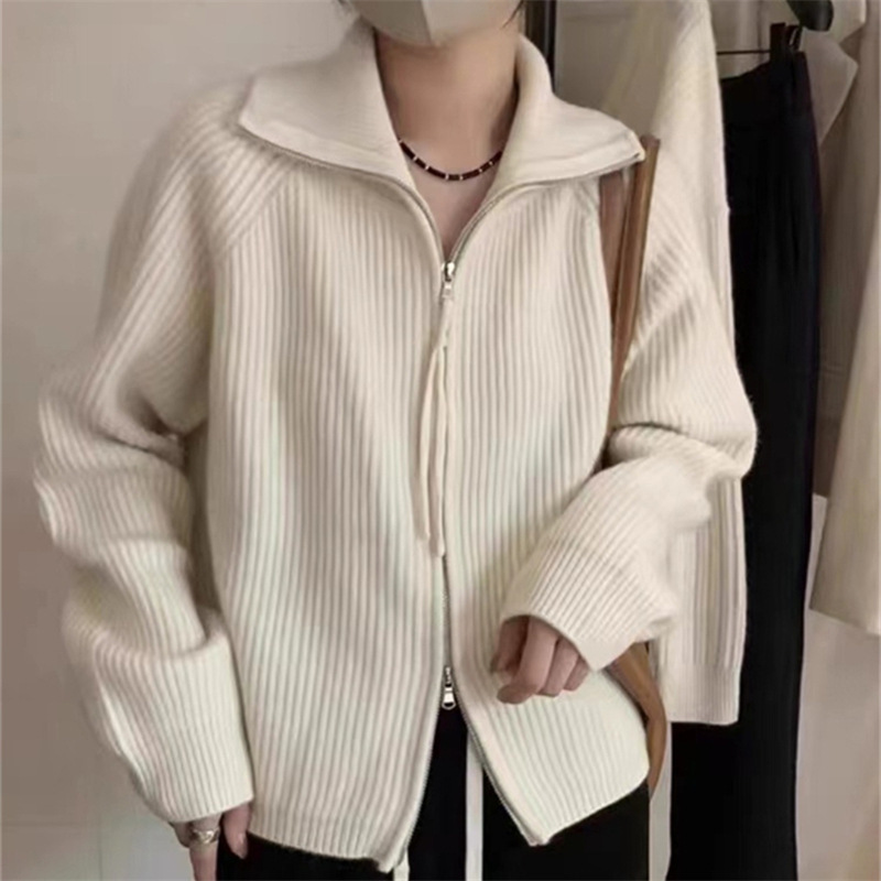 韩系翻领双拉链毛衣外套女秋冬2025新款宽松软糯翻领针织开衫上衣