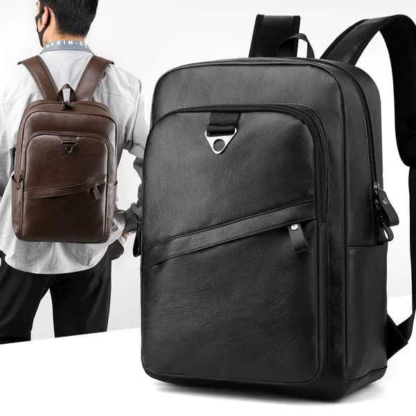 Backpack Men's Simple Casual Business Computer Bag Middle School Students High School Students Schoolbag Boys PU Leather Backpack