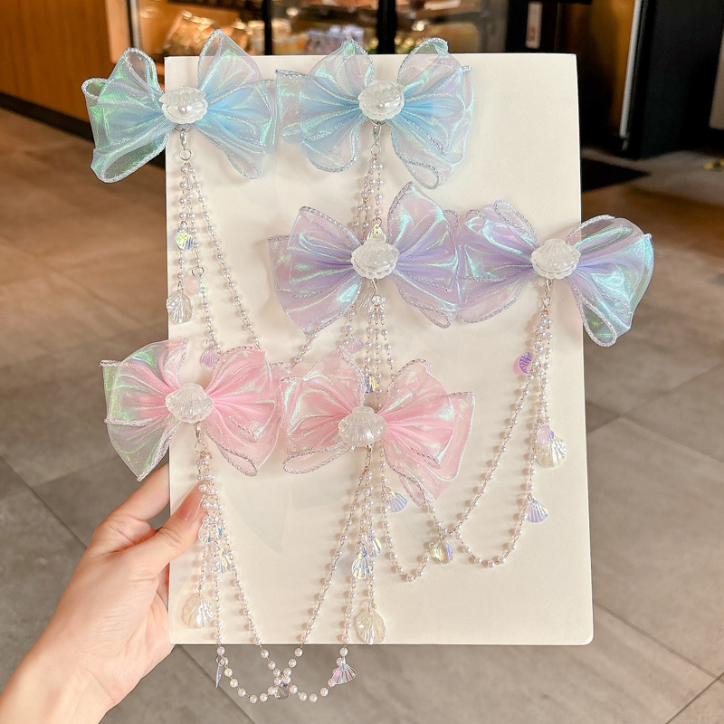 Niños sirena de perlas brocas de cabello de cadena de frente perlas niñas perlas bordas arcos adornos de cabello mariposa conchas pendientes