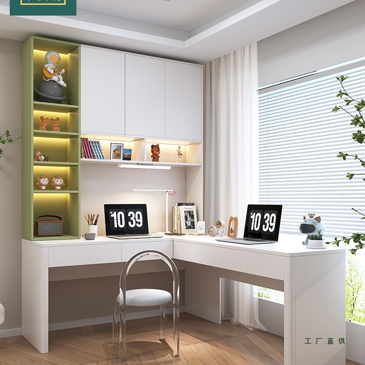 转角双人书桌书架一体卧室靠墙长书桌家用拐角电脑桌工作台可定
