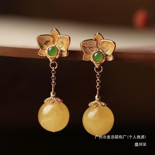 Factory Direct Sales Earrings Earrings Sterling Silver Earrings Chinese Style Flower Gift Natural Beeswax Amber Women Summer
