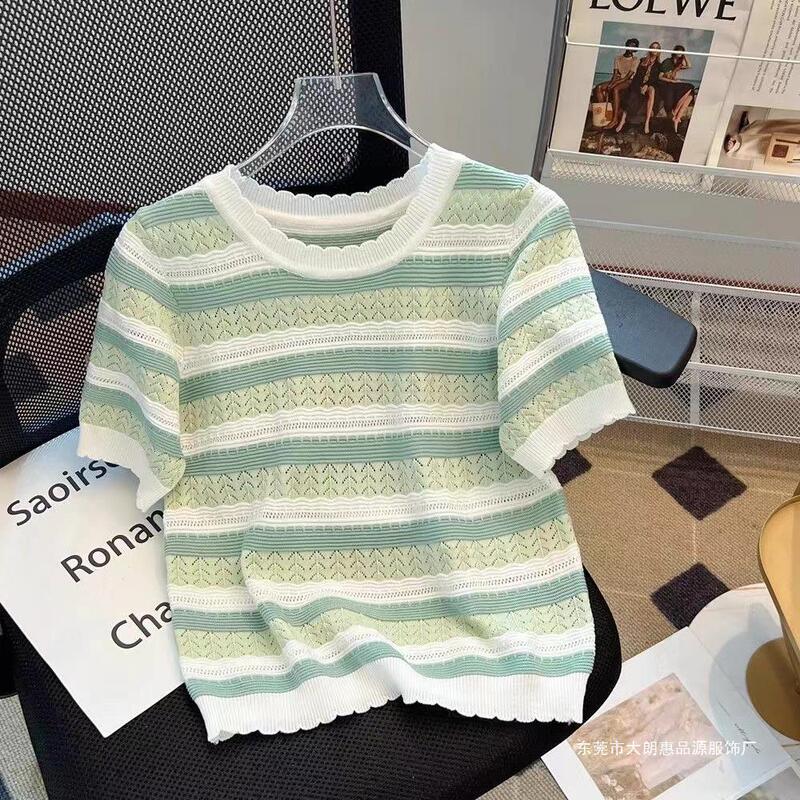Summer Short-sleeved Shoulder T-shirt Women's Fresh Color Striped Ice Silk Knitted Shirt Loose Inner Knitted Top Summer Short-sleeved Shoulder T-shirt Women's Fresh Color Striped Ice Silk Knitted Shirt Loose Inner Knitted Top