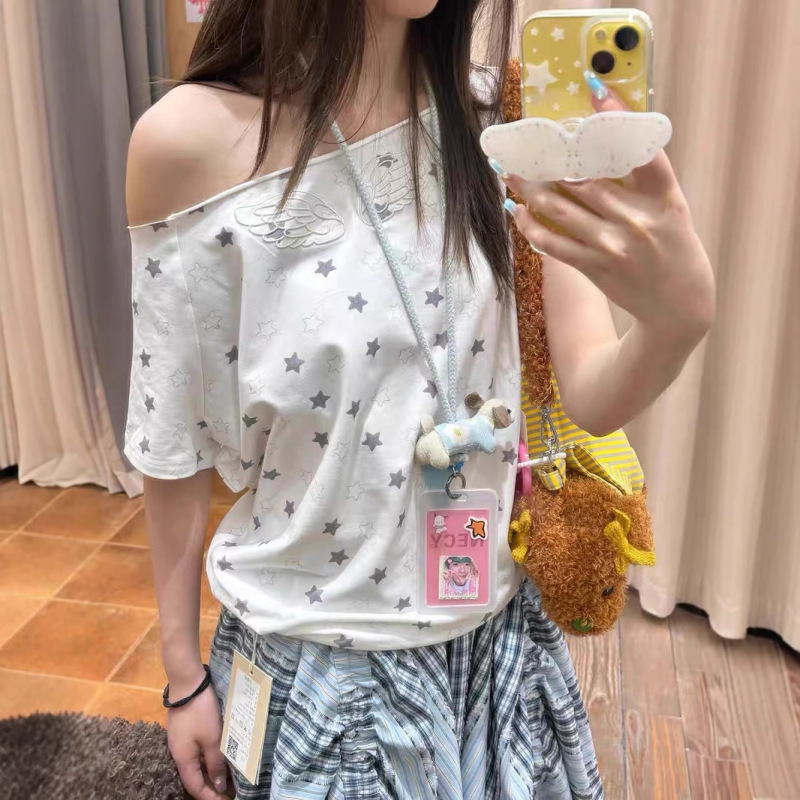 Sweet Hot Girl Pure Desire Star フルプリントオフショルダー Tシャツ女性用 2025 夏新作ニッチルーズオフショルダー半袖トップ|undefined