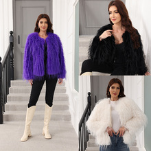 跨境货源欧美仿皮草狐狸毛水洗毛长毛外套女短款冬毛绒开衫宽松