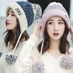 女性用冬用帽子、ベルベットの暖かいウールの帽子、韓国風のカラーマッチングの多用途帽子、大きな頭囲、ファッショナブルでかわいい耳保護ニット帽