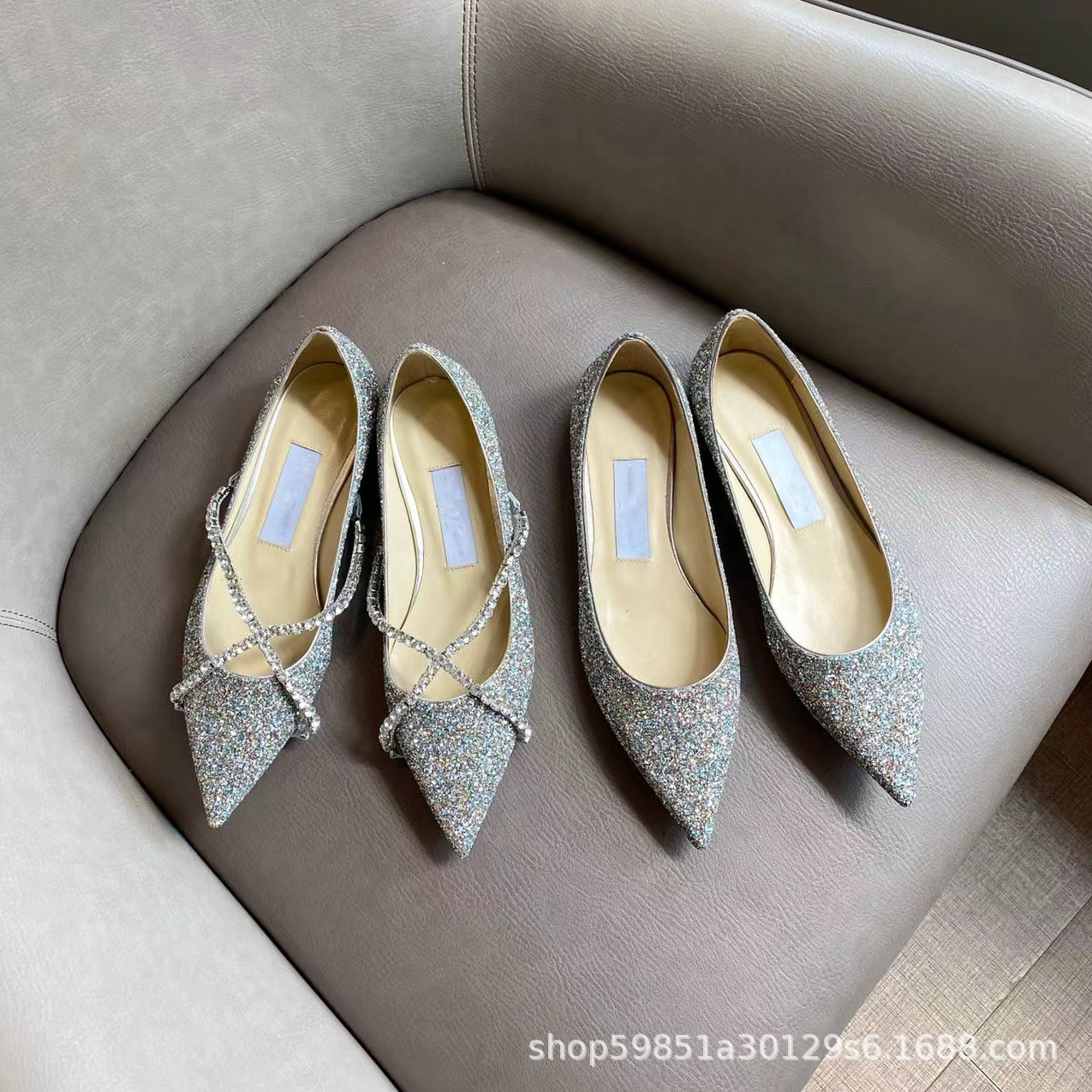 Elegant shiny Mary Jane shoes pointed-toe flat with rhinestones, french style