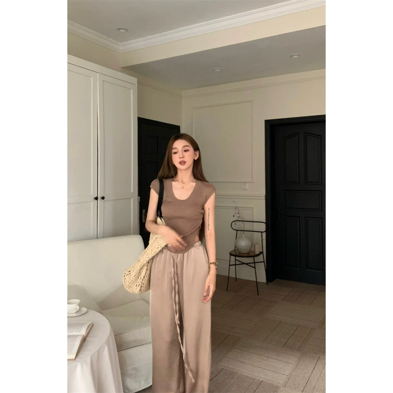 2025 реальный снимок реальная цена корейский стиль элегантный U-образный вырез вязаный топ + брюки с высокой талией прямого кроя для женщин