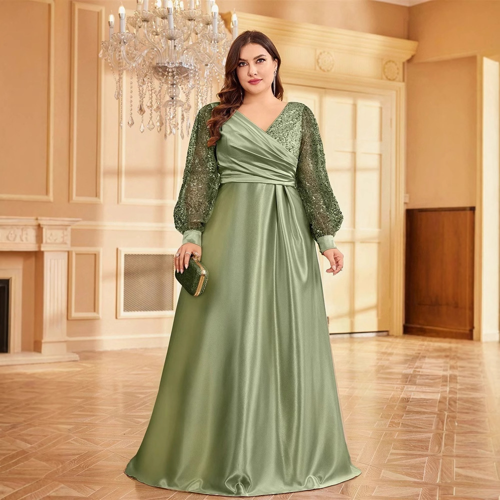ChicShe Cross-Border Neues elegantes Plus-Size-Kleid aus Satin mit Pailletten, langen Ärmeln, V-Ausschnitt, schmal geschnitten, für Brautjungfern, Bankette und Abendveranstaltungen_voghion.com