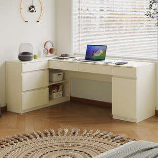 Rubber Wood Desk with Wall-Mounted Corner Storage Cabinet, Integrated White Solid Wood Computer Desk, Children's Study Writing Desk