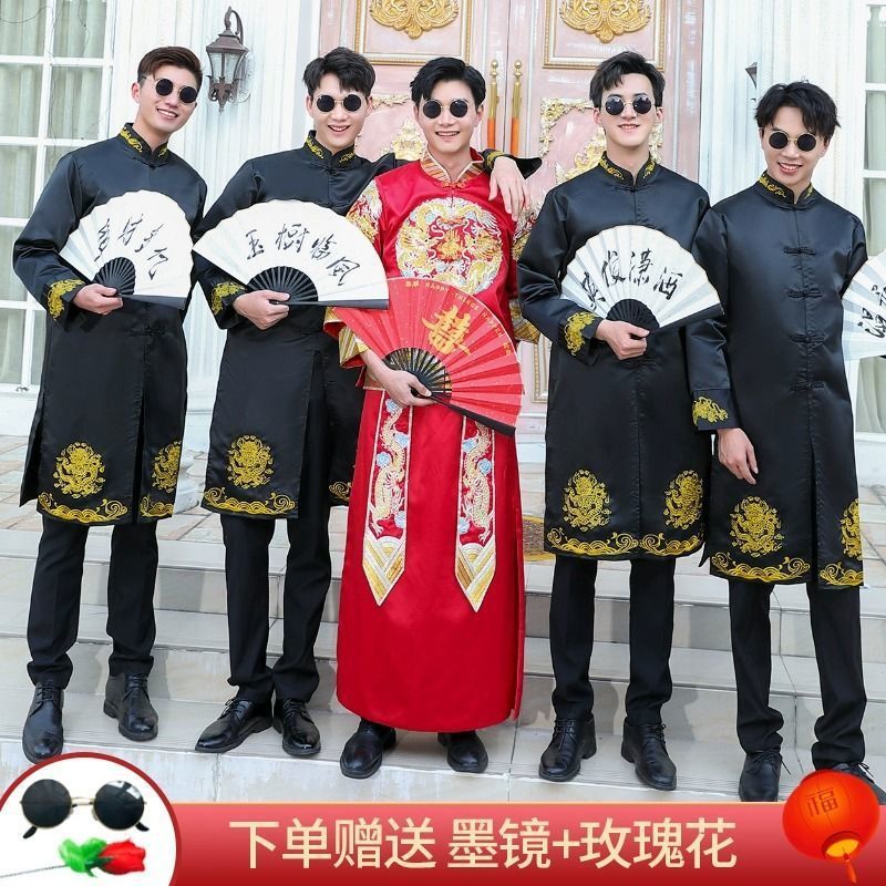 花婿の付添人中国風の結婚式のドレス兄弟秋と冬の結婚式のサウンドコメディ衣装中国のローブロングシャツコート唐スーツジャケット|undefined