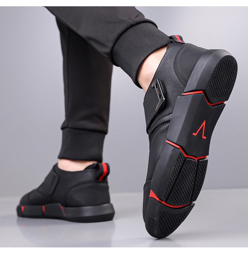 Giày lười nam da PU mũi tròn khóa Velcro chống trượt, đế cao 3 cm — Kaki, Màu đen chi tiết 21