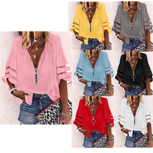 2025 European and American Amazon V-neck Zipper Shirt with Half Flared Sleeves, Mesh Patchwork, Loose Fit, Women's Chiffon, European and American Style
