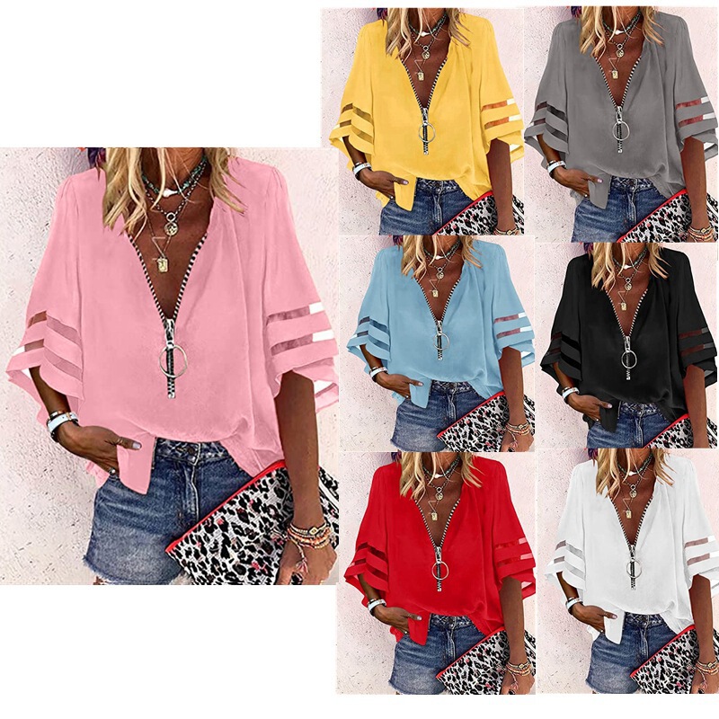 2025 European and American Amazon V-Neck Zipper Shirt with Half-Flared Sleeves, Mesh Patchwork, Loose Chiffon European and American Style for Women