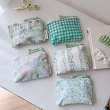 【素希布包】春夏清新格子绿叶印花棉布零钱包月事包迷你小布袋