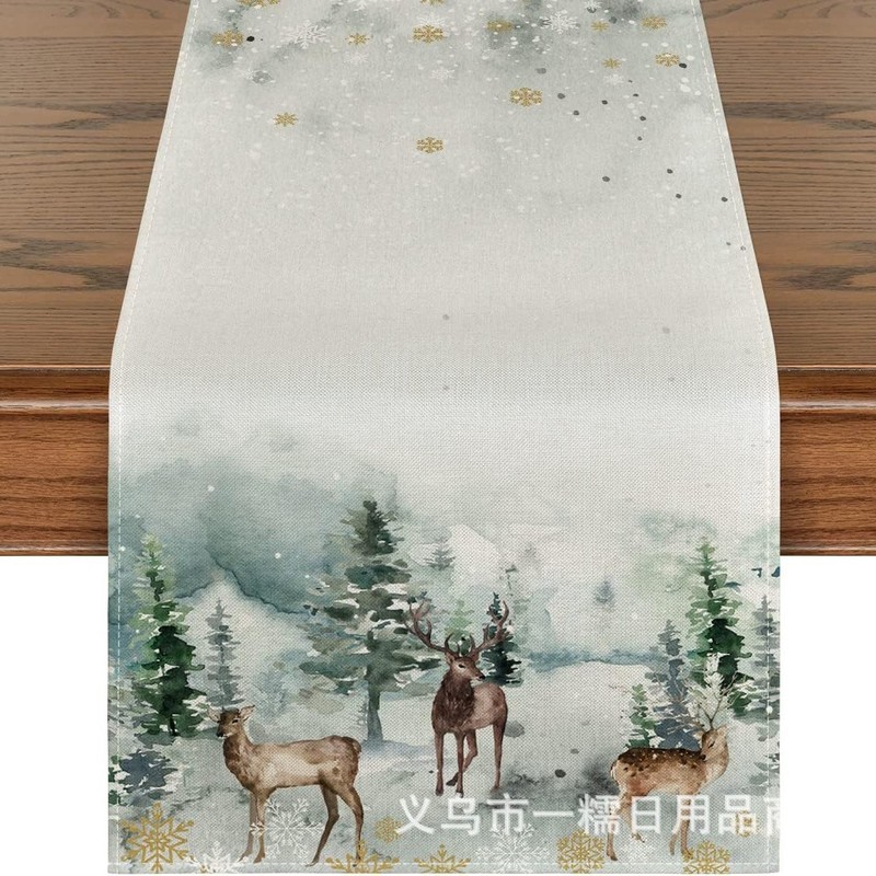国境を越えて人気のクリスマステーブル旗サンタクロースヘラジカ雪だるま亜麻プリント客間茶卓装飾品|undefined
