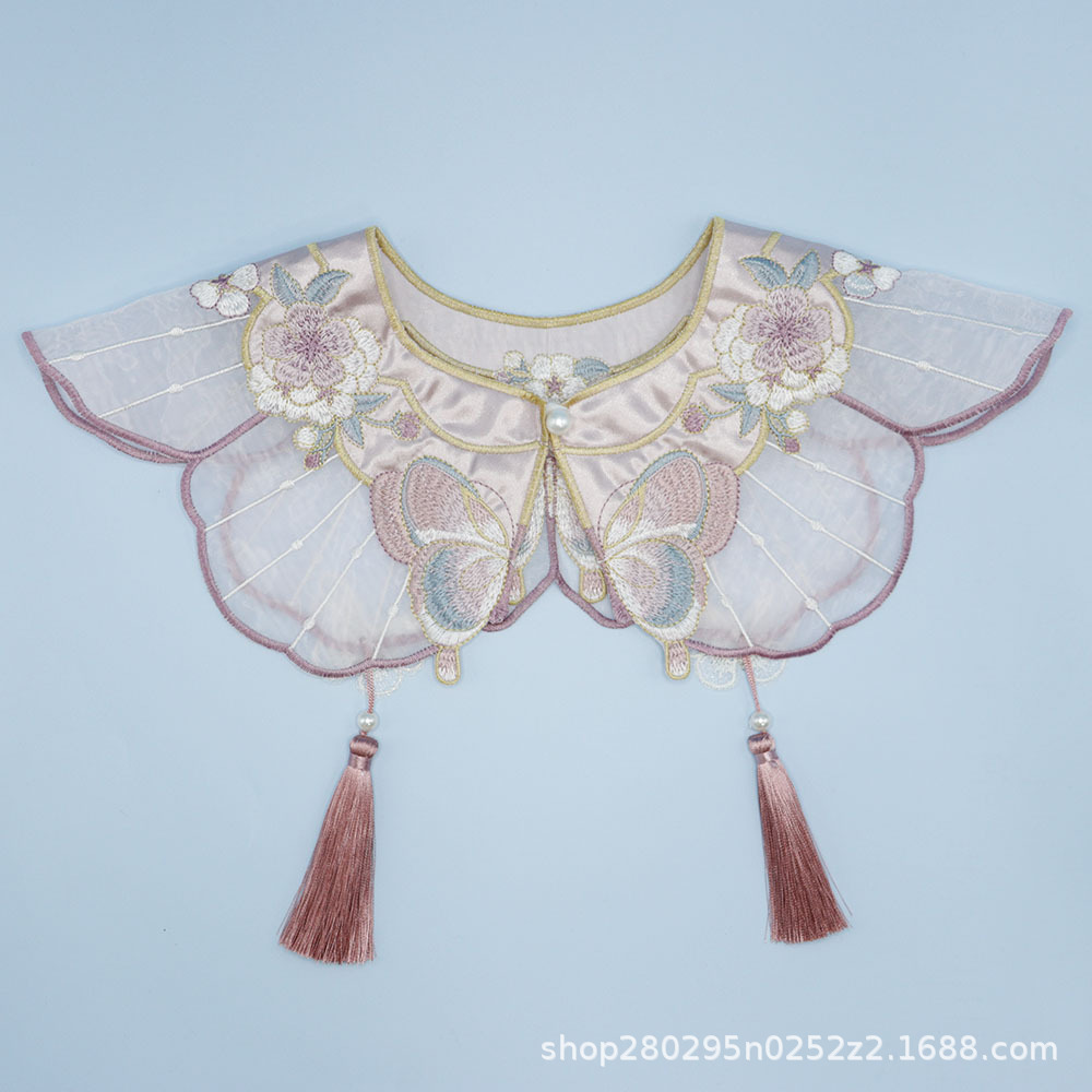 Pink and purple butterfly and flower embroidery cloud shoulder, pearl button tassel Hanfu shawl, false collar, clothing accessories collar flower