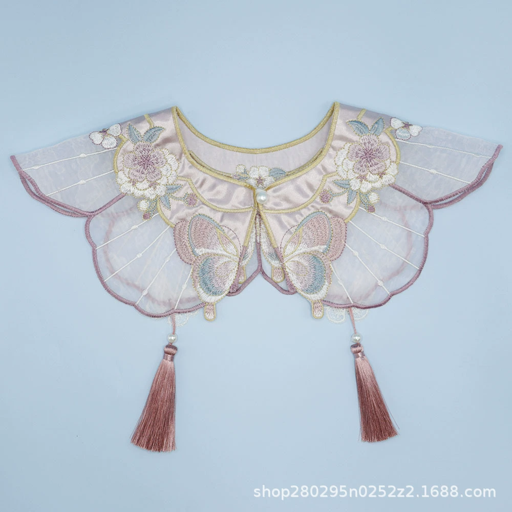 Розовая фиолетовая бабочка цветы вышитые облачные плечи жемчужные пуговицы с бахромами