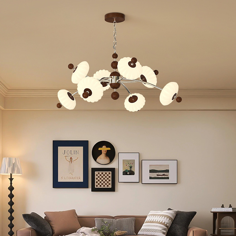Araña de sala de estar francesa de estilo medio, sensación de alta gama, color nogal retro, linterna retro, luz de salón súper brillante