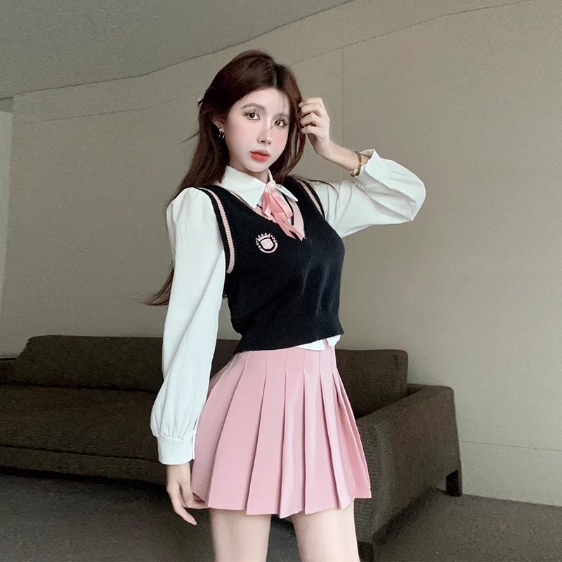 가을 겨울 미국 대학 스타일 JK 유니폼 정장 블라우스 + 니트 조끼와 주름 스커트
