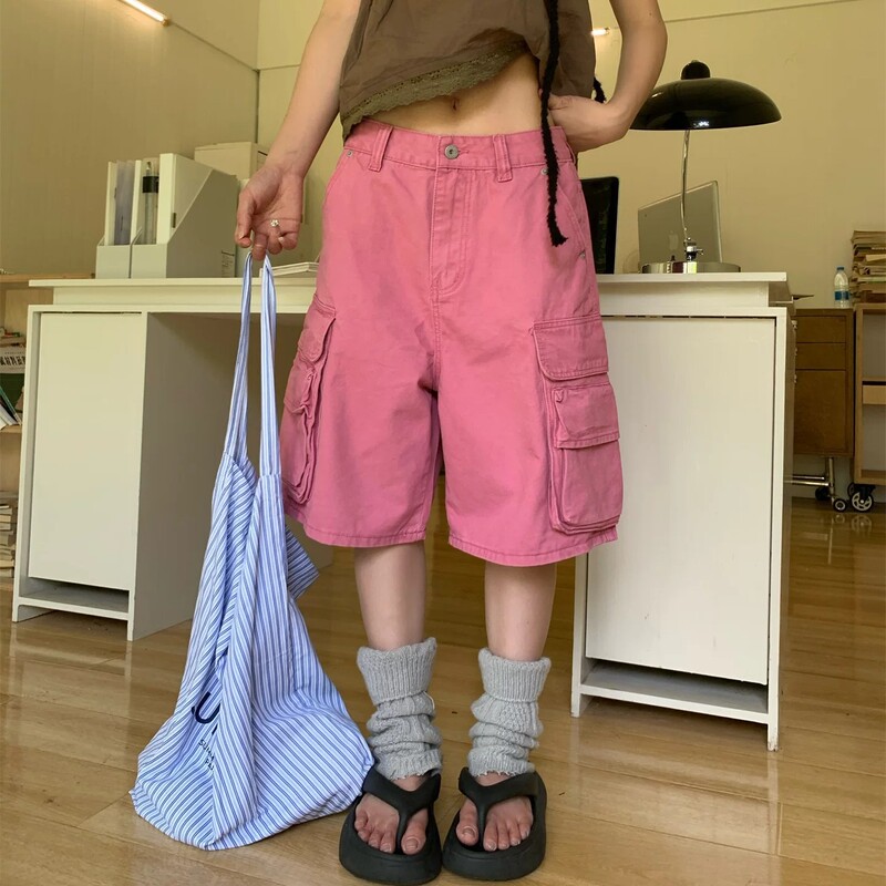 American Retro Pink Design Workwear-Style Cropped Pants for Women, Summer Loose Wide-Leg Mid-Length Casual Shorts American Retro Pink Design Workwear-Style Cropped Pants for Women, Summer Loose Wide-Leg Mid-Length Casual Shorts