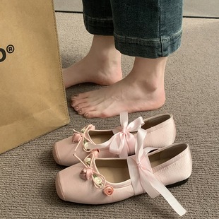 Pink low-cut square toe flat shoes for women 2024 new spring and autumn ballet shoes Chanel style French Mary Jane shoes