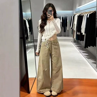 新款简约复古直筒水洗牛仔裤女潮流百搭显瘦宽松阔腿卡其色长裤子