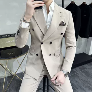 秋冬商务休闲西服套装男士修身帅气双排扣西装新郎西装结婚礼服
