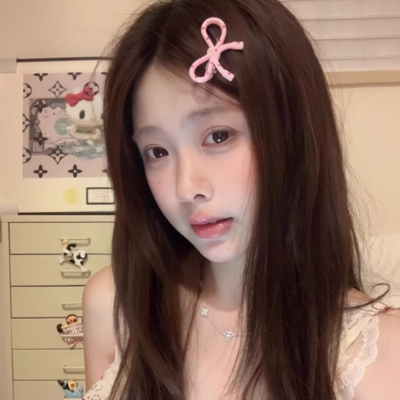 梦梦仙贝~韩系简约波点粉色蝴蝶结鸭嘴夹ins百搭刘海边夹发饰|undefined