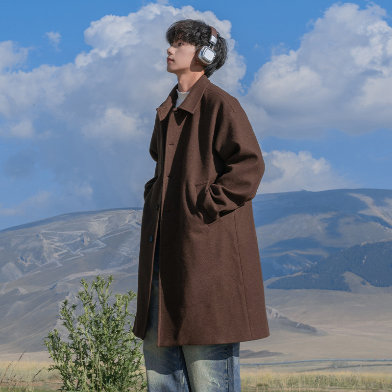 Japanese-Style Casual Mid-Length Woolen Coat for Men, Autumn and Winter Thickened Windproof Trendy Brand Lapel Trench Coat Q