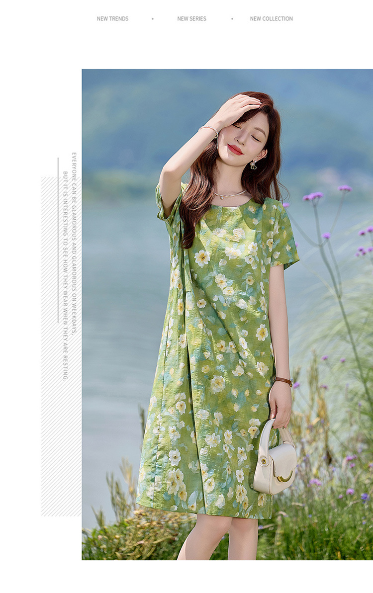 Đầm maxi nữ hoa nhỏ xanh lá cây tươi mát, dáng suông rộng, tay ngắn, mỏng nhẹ mùa hè 2025 — Màu hồng xanh lục, Màu xanh lá chi tiết 13