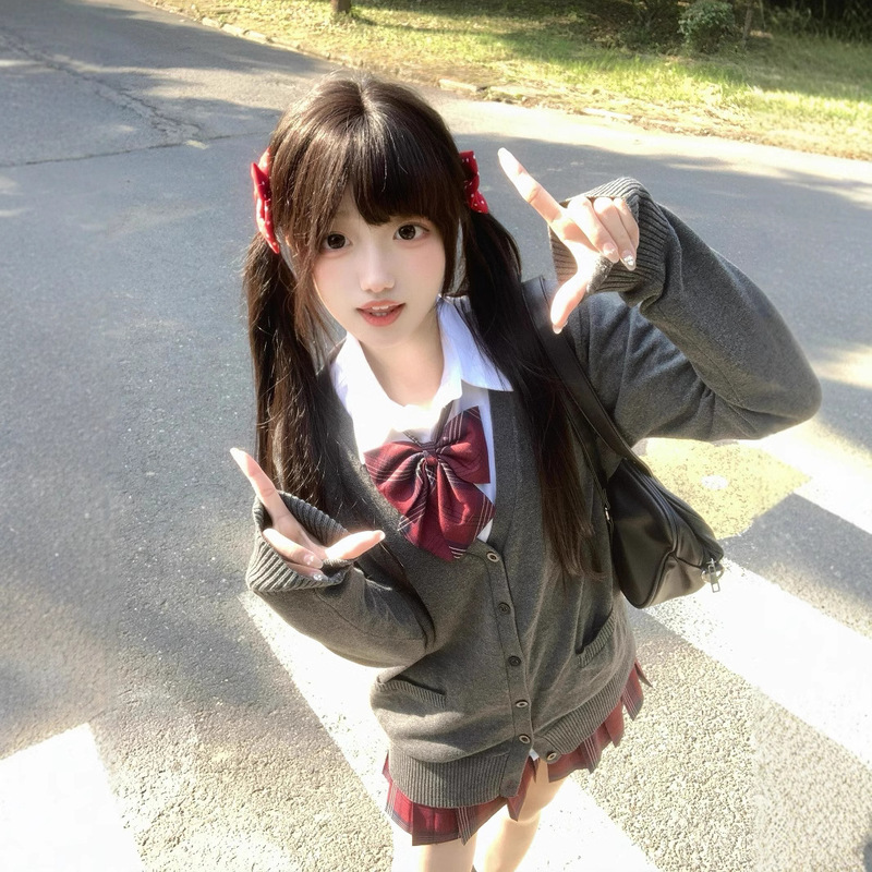 Japanese-Style Academy Style Jk School Uniform Spring and Autumn Layered Knit Cardigan Jacket for Women, Loose Fit, Solid Color, Versatile Design Sweater