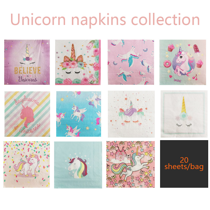 安友亚马逊定制新款独角兽纸巾环保水彩印花餐巾女孩生日派对布置