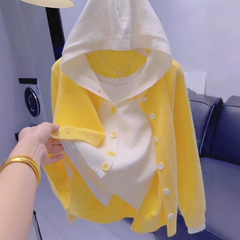Fake Two-Piece Spliced Hooded Single-Breasted Knitted Cardigan Top for Women 2026 Spring and Autumn Casual Stylish Versatile Sweater