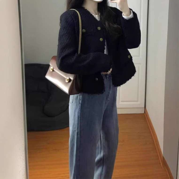 Autumn and Winter Black Small Fragrance Style Jacket for Women Spring and Autum Design Niche High-End Short Tweed Top