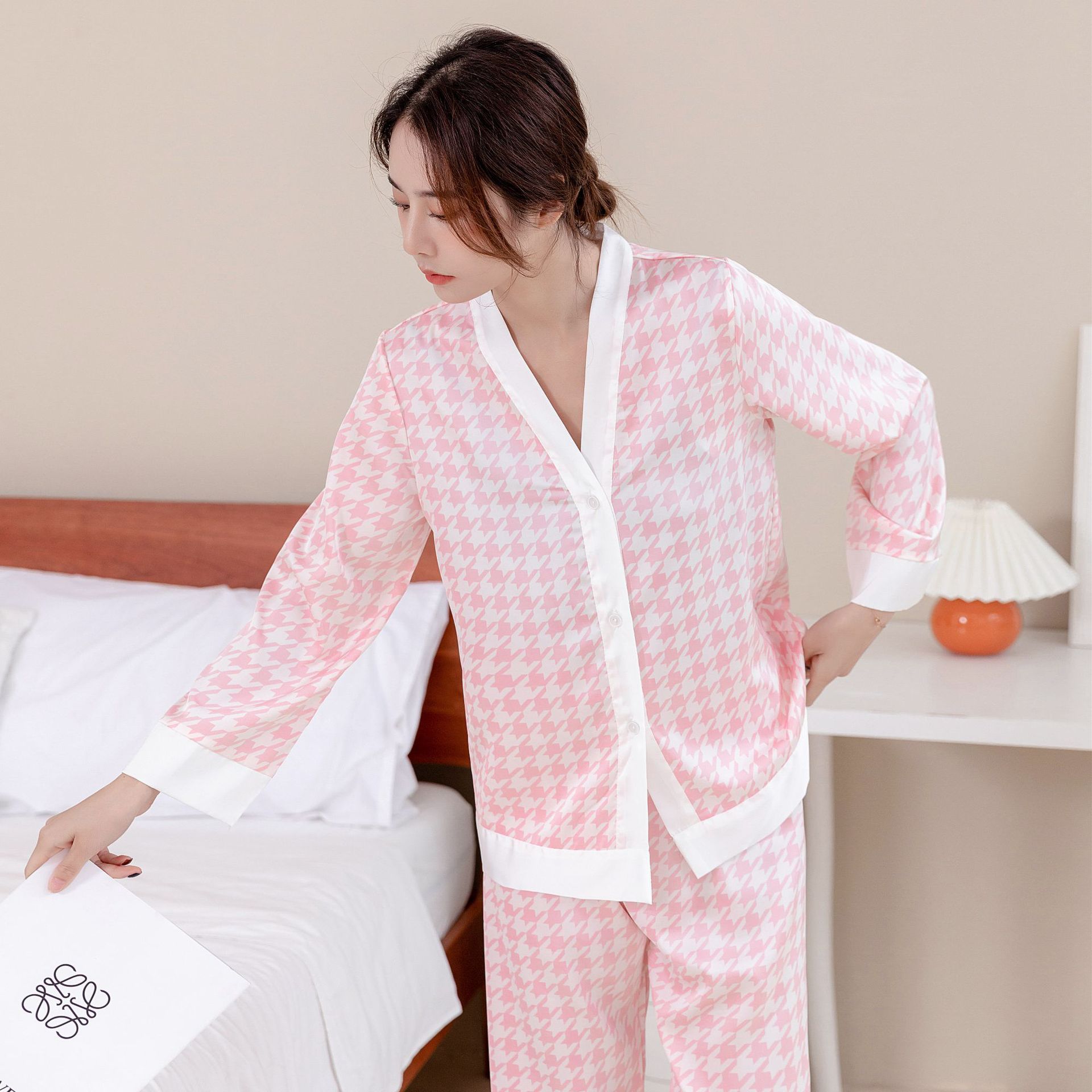 핑크 격자 무늬 더블 롱