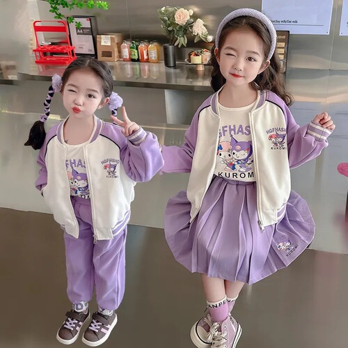 Three-piece set for girls, medium-sized children's autumn long-sleeved suit, children's style Korean style cartoon Kuromi baseball uniform